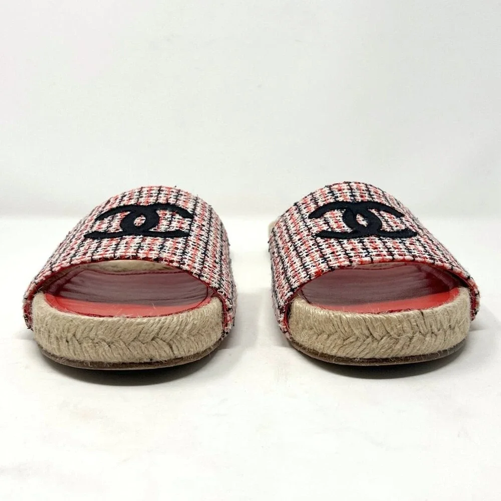 Chanel Tweed Espadrille Slide Sandals Red Black CC Logo Women Size‎ 40